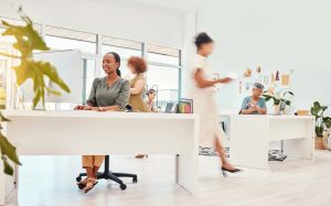 Busy agency, coworking and women in fashion for work in retail or creative industry. Team, business.